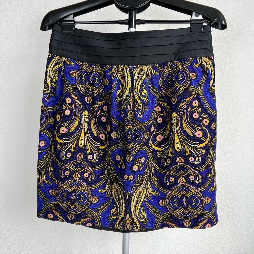 Anthropologie Cidra Boho Paisley Mini Skirt Blue Gold Black Dark Romantic Size 8